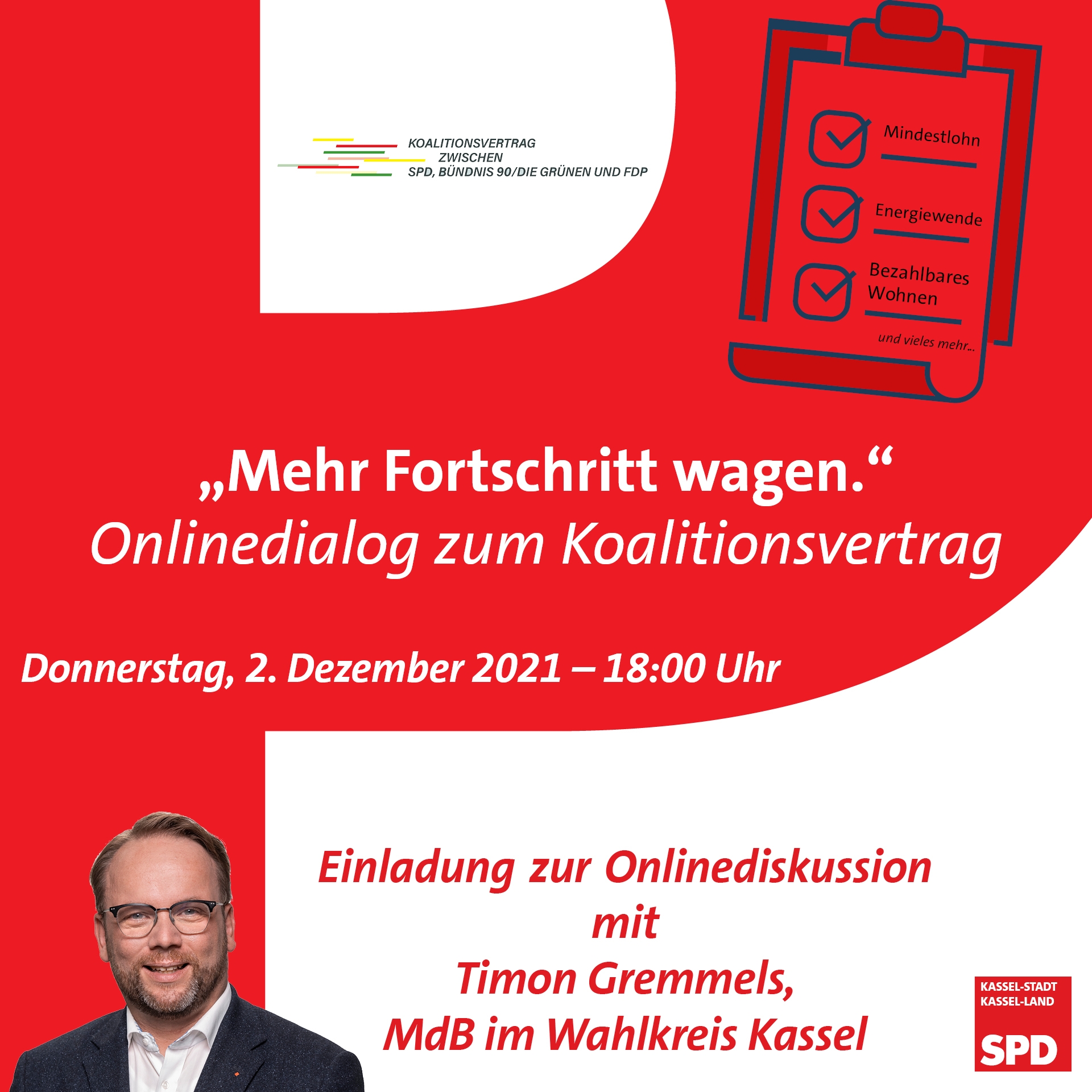 Einladung zur Onlinekonferenz zum Koalitionsvertrag zwischen SPD, Grüne und FDP